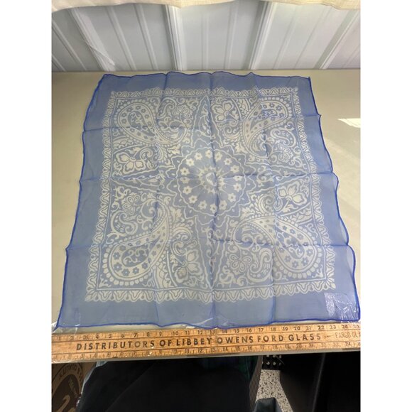 Blue Sheer Square Scarf With Paisley Bandana Design Lightweight 25x26 Inches - Picture 2 of 5